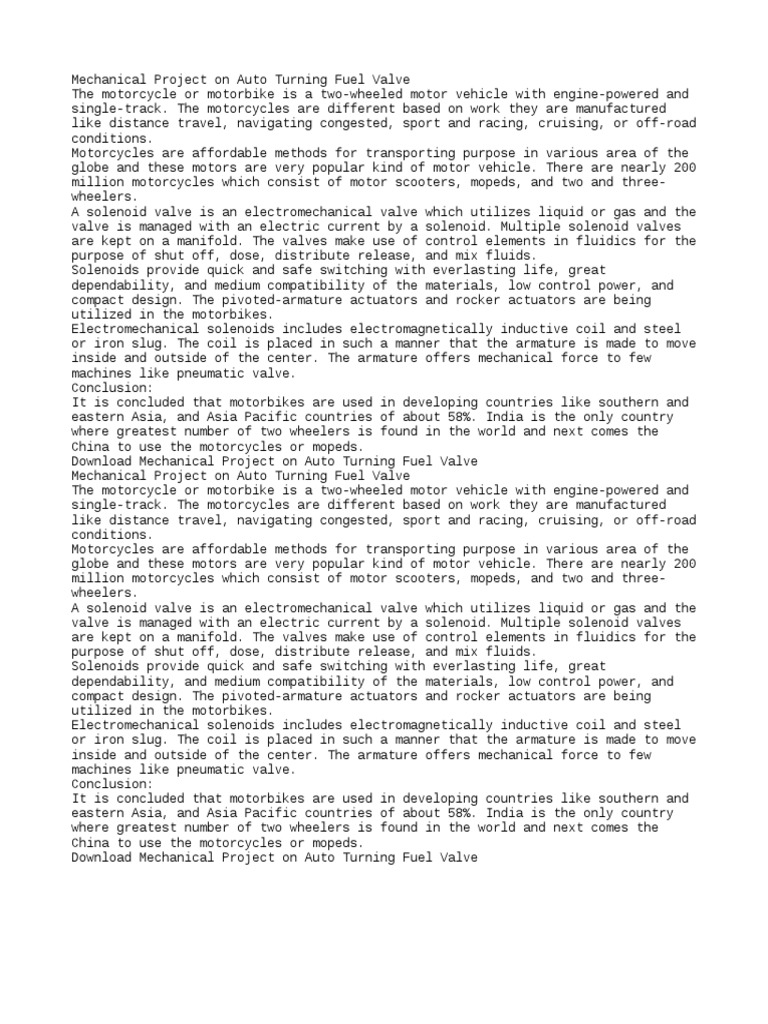 Mechanical Project On Auto Turning Fuel Valve PDF Motorcycle Valve