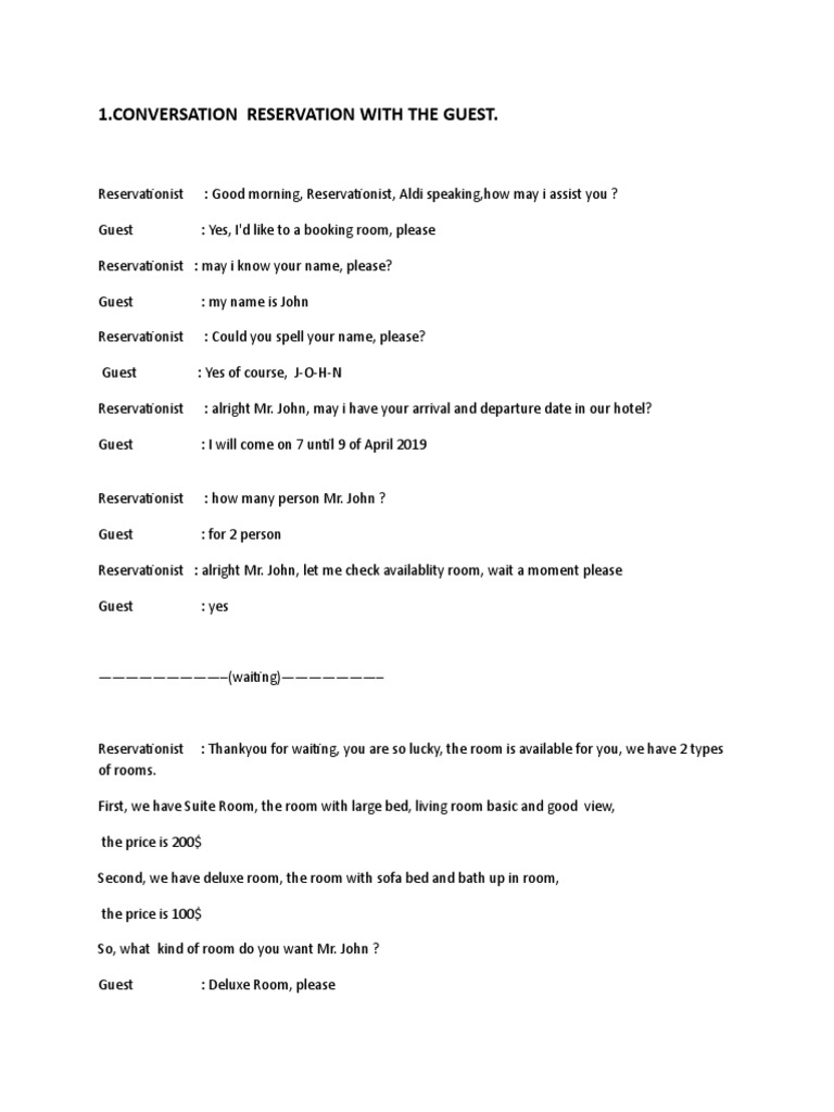 Hotel Reservation Conversation Example | PDF
