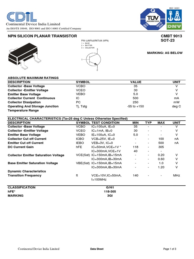 9013 NPN Transistor Datasheet | PDF | Bipolar Junction Transistor ...