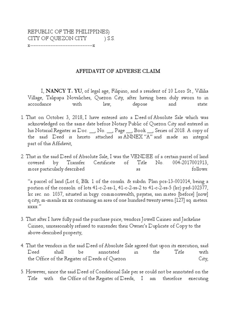 Affidavit of Adverse Claim | PDF | Deed | Property Law