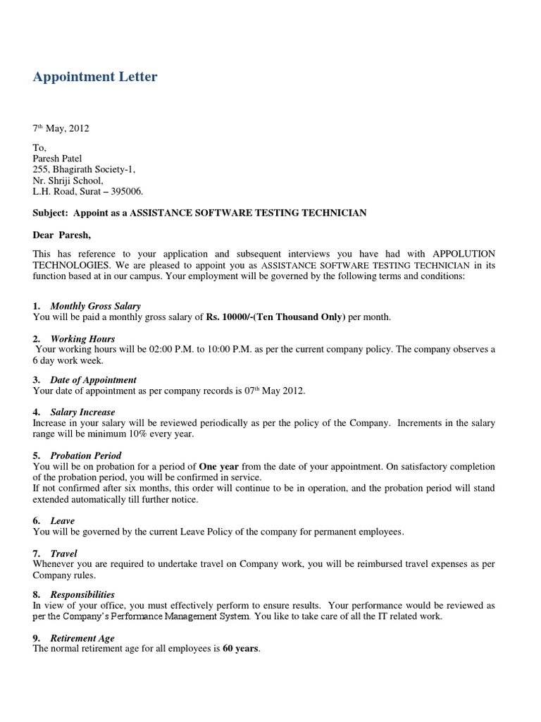 Appointment Letter: Subject: Appoint As A Assistance Software Testing  Technician Dear Paresh | PDF | Employment | Salary