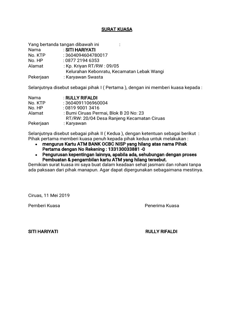 Surat Kuasa Kehilangan Atm Rully