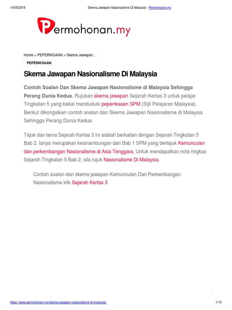 Skema Jawapan Nasionalisme Di Malaysia Permohonan My Pdf