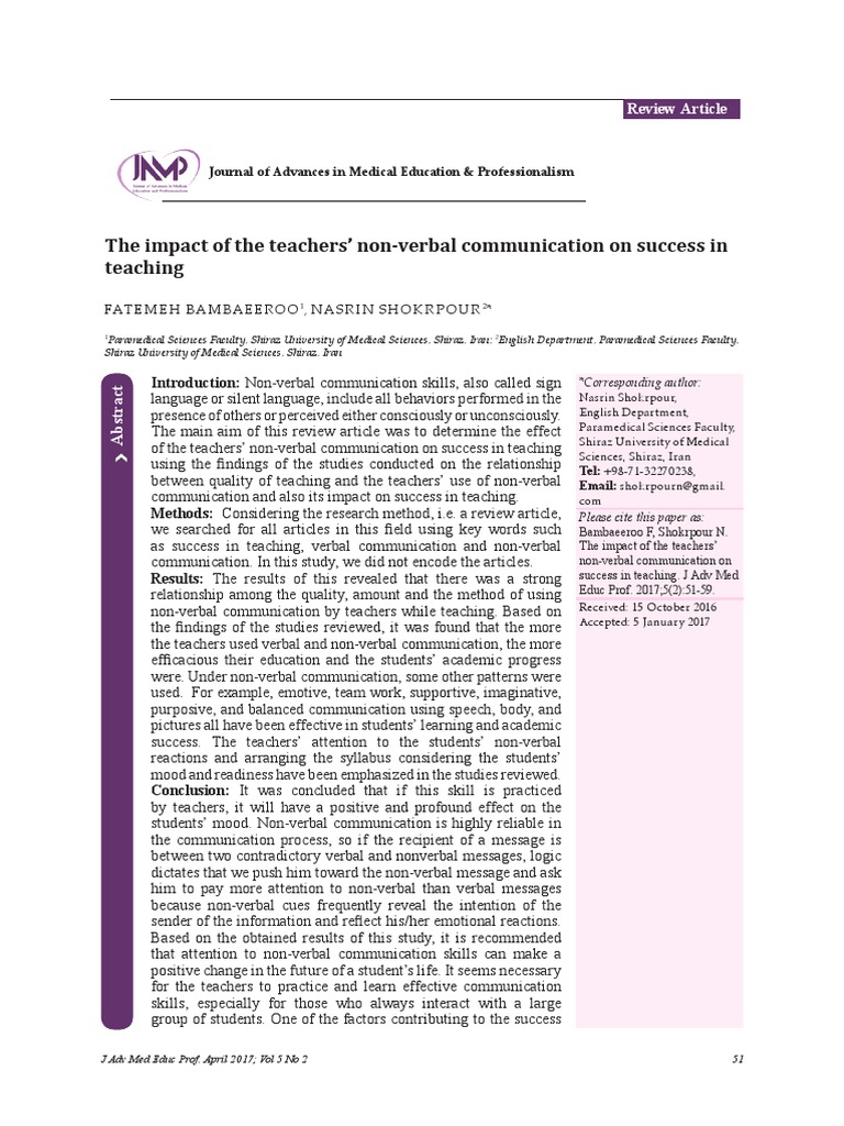 Non-Verbal Communication in Teaching Success | PDF | Nonverbal ...