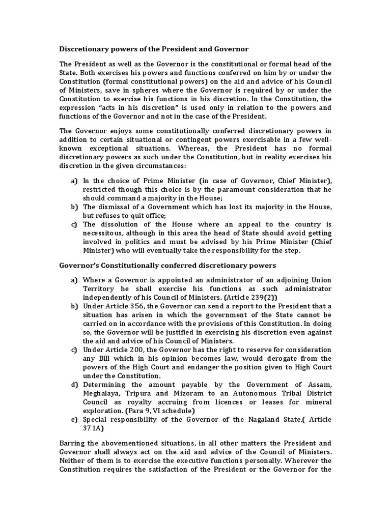 Discretionary Powers of President and Governor | PDF | Governor ...