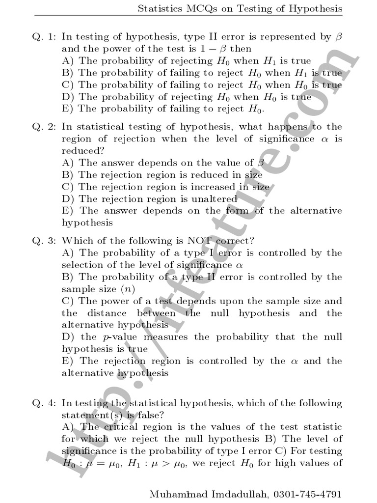 MCQ Hypothesis Testing 4 PDF P Value Type I And Type Ii Errors