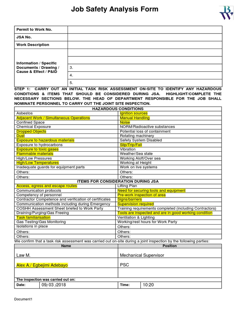 Job Safety Analysis Form Law M. Mechanical Supervisor Alex A./ Egbejimi Adebayo PSC PDF