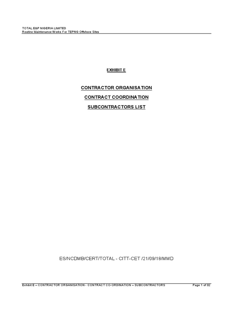 Contractor Organisation Contract Coordination Subcontractors List | PDF ...