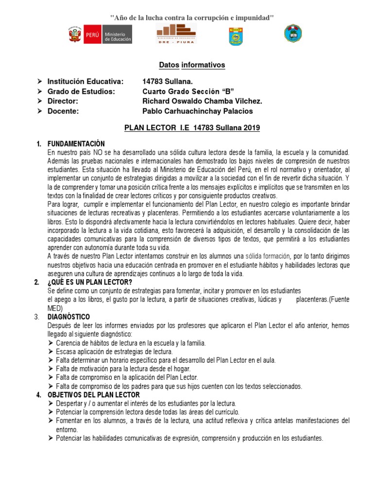 Plan Lector Cuarto Grado Pdf Educación Primaria Comprensión Lectora