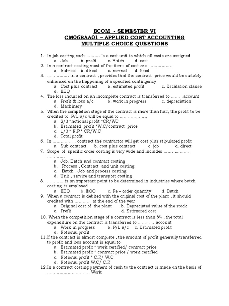Applied Cost Accounting MCQs for BCom | PDF | Marginal Cost | Cost