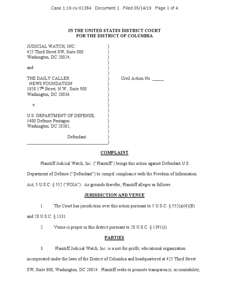 Complaint as Filed Judicial Watch Freedom Of Information Act