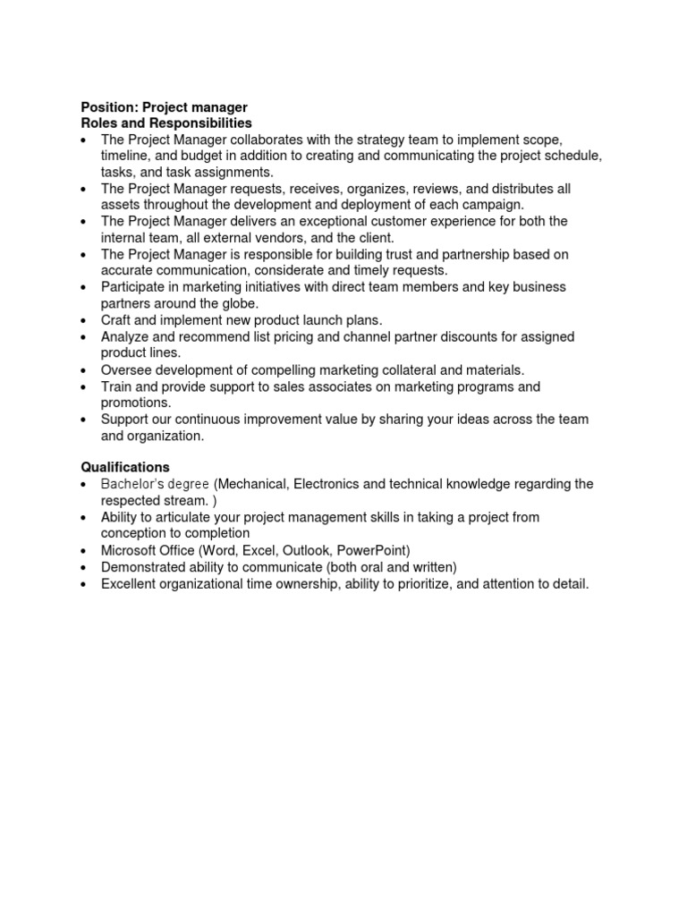 Project Manager Roles and Responsibilities | PDF