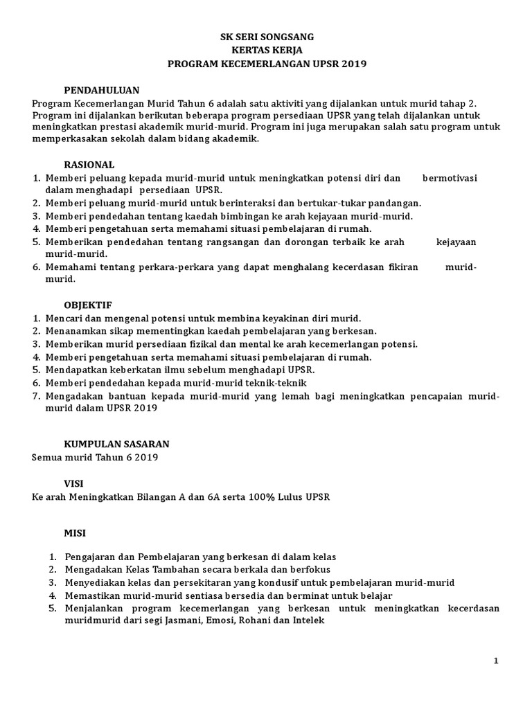 Kertas Kerja Program Tahun 1 Pdf