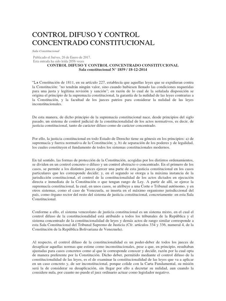 Control Difuso y Control Concentrado Constitucional PDF Constitución Juez