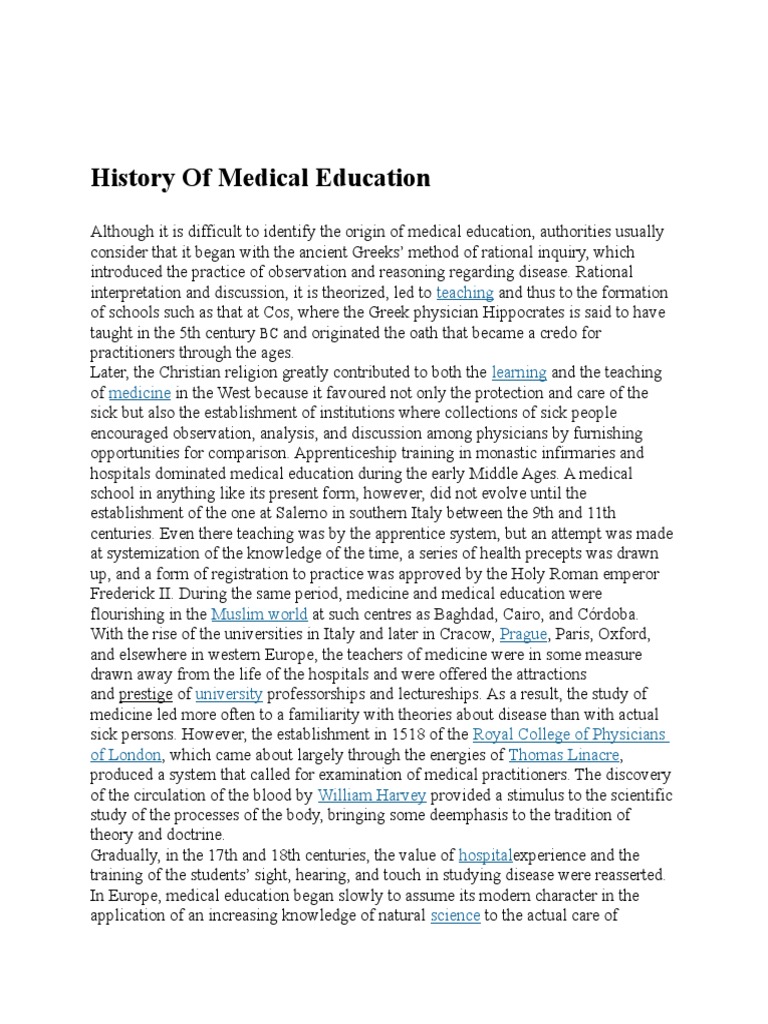 History of Medical Education PDF Medical School Medicine