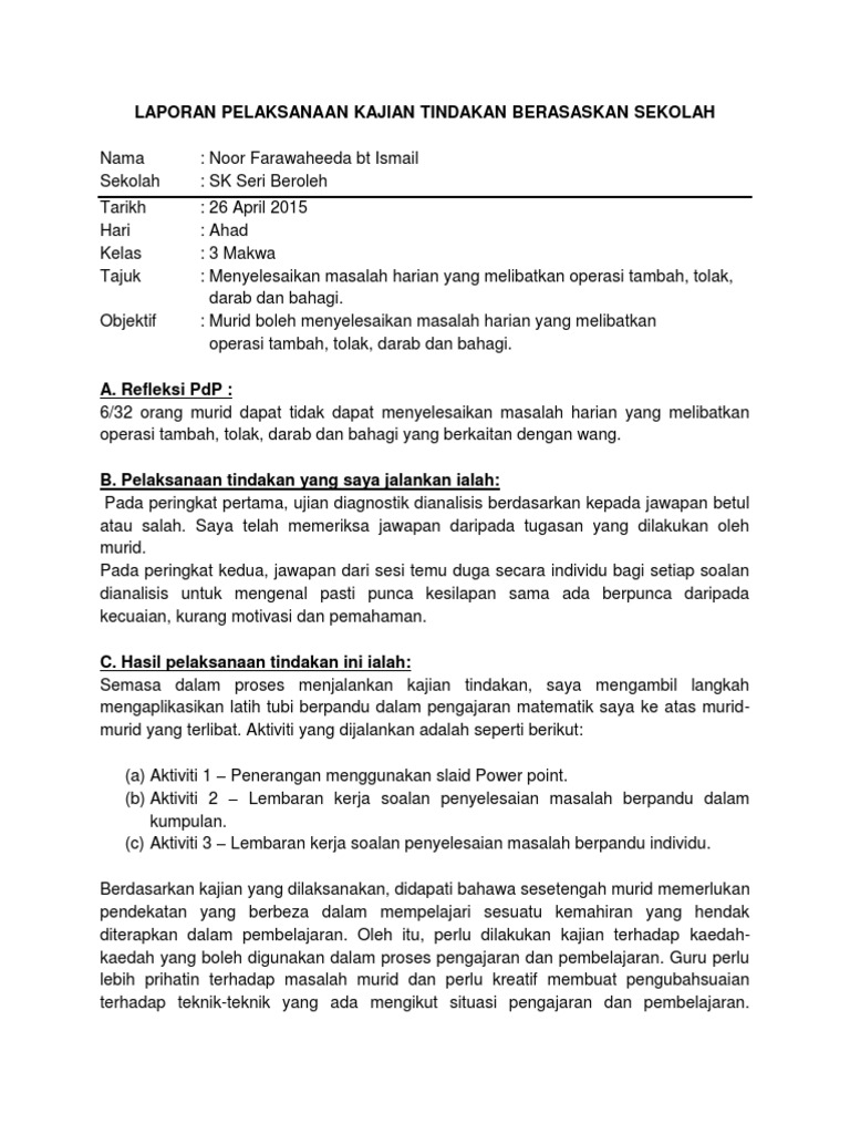 Laporan Pelaksanaan Kajian Tindakan Berasaskan Sekolah 2015 Pdf