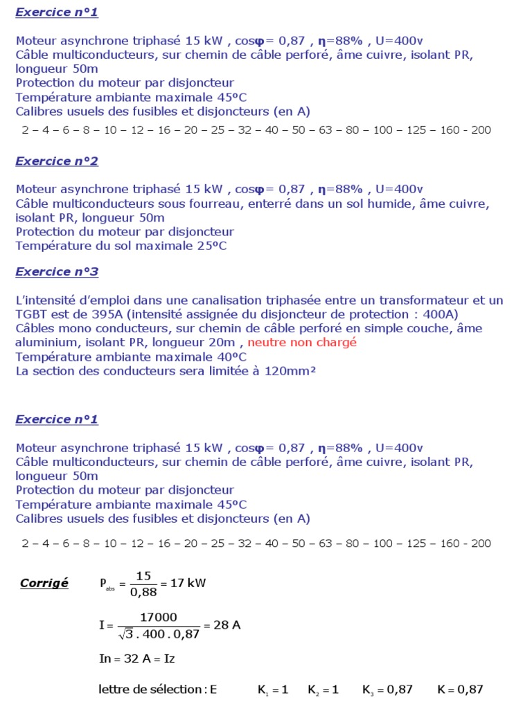 Calcul Section Câble Triphasé 400v Pdf Exercices Section PDF | PDF | Électrotechnique | Composant
