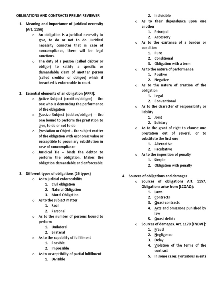 Obligations and Contracts Prelim Reviewer | PDF | Law Of Obligations ...