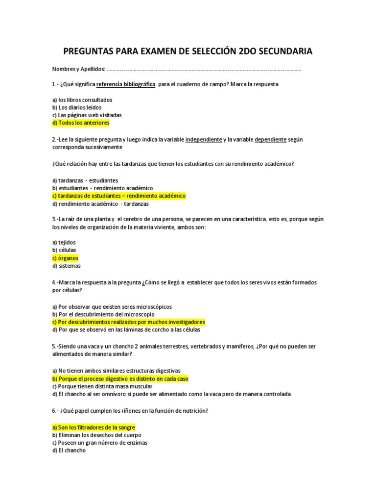 Preguntas para Examen 2do Secundaria | PDF | Control de la natalidad