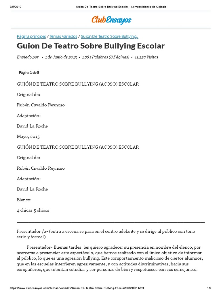 Guion Teatral sobre Bullying Escolar | PDF | Novelas | Escuelas