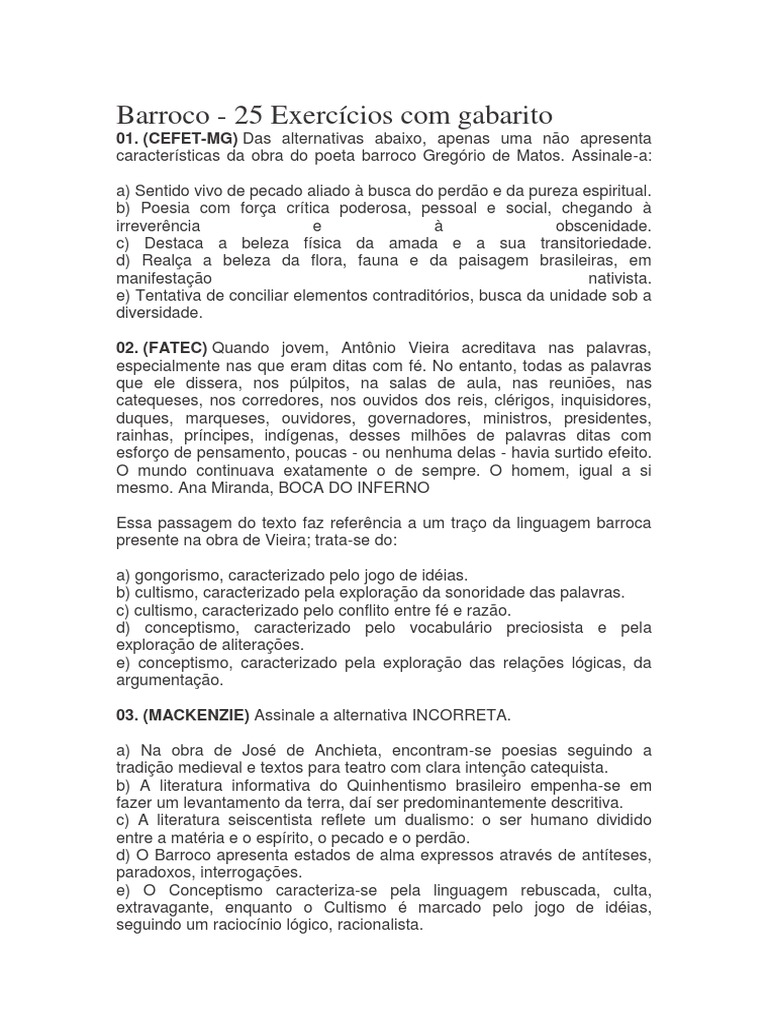Questões Sobre O Barroco Brasileiro Com Gabarito