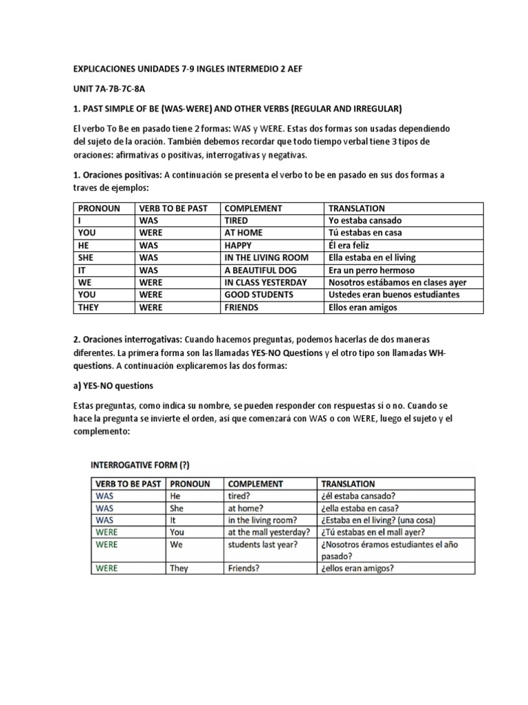 Explicaciones Unidades 7 Ingles Intermedio 2 Aef Ipst Docx Verbo