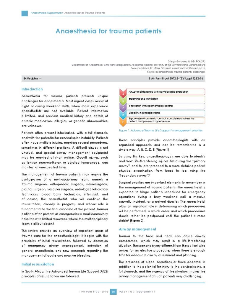 Anaesthesia For Trauma Patients PDF Anesthesia Emergency Department