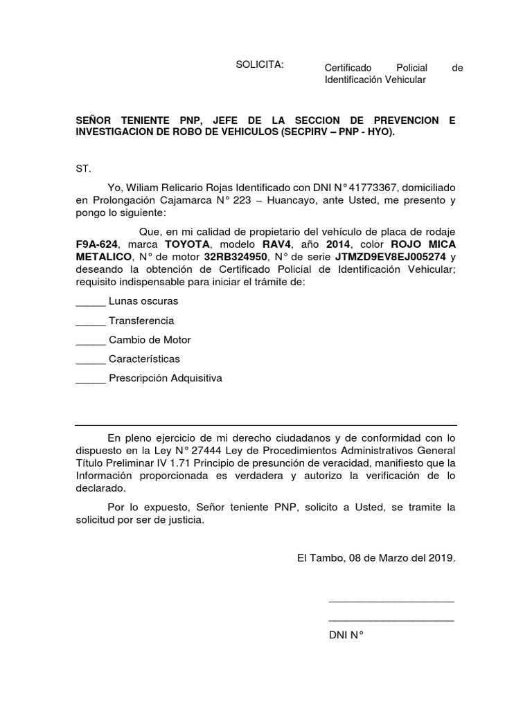 Solicitud de Certificado Policial Vehicular | PDF