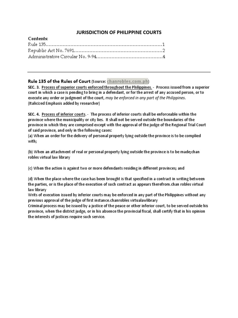 Jurisdiction of Philippine Courts Rule 135 of The Rules of Court PDF