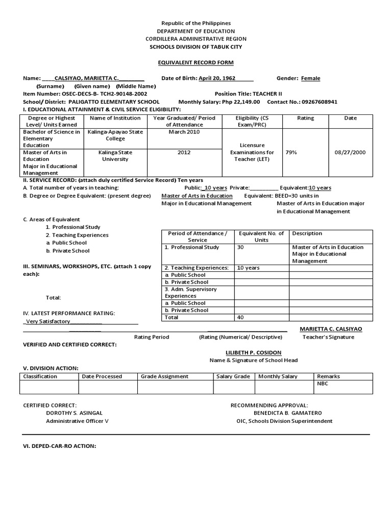 Teacher II Equivalent Record Form | PDF | State School | Teachers