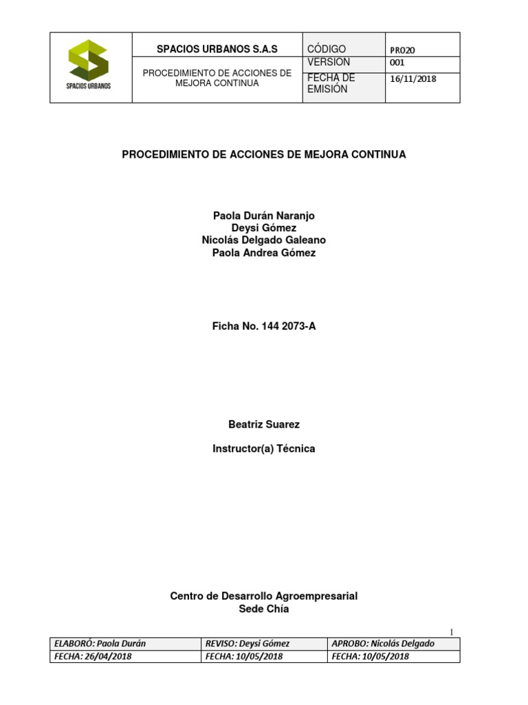 Procedimiento de Acciones de Mejora Continua | PDF | Calidad (comercial ...