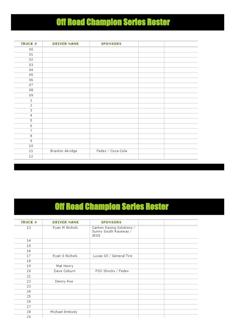 Off-Road Racing Roster | PDF