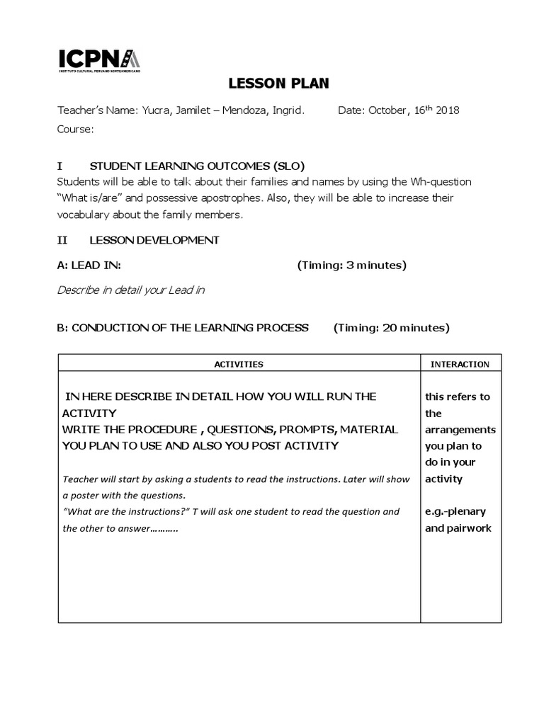 ICPNA Lesson Plan: Family Vocabulary | PDF | Language Arts & Discipline