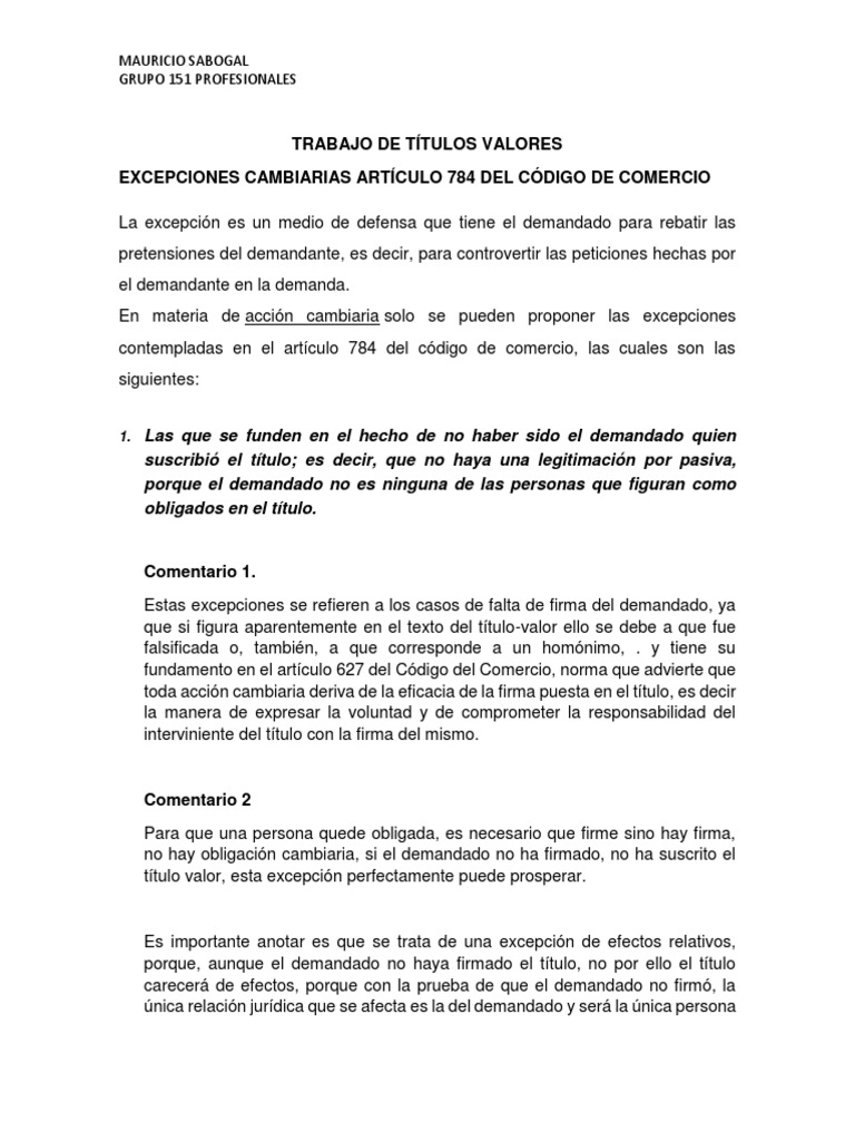 Excepciones Cambiarias Art. 784 CC | PDF | Estatuto de limitaciones ...