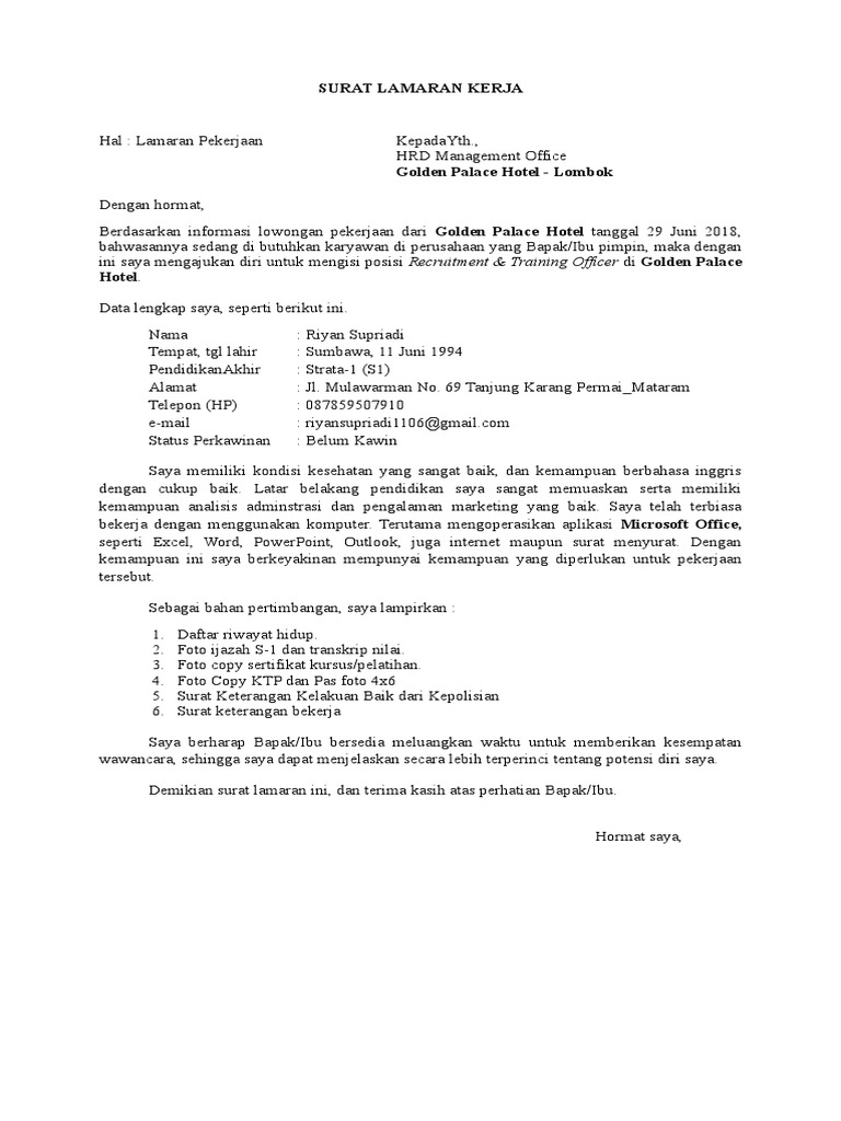 Download 70+ Contoh Surat Surat Lamaran Kerja Hotel Gratis Terbaru