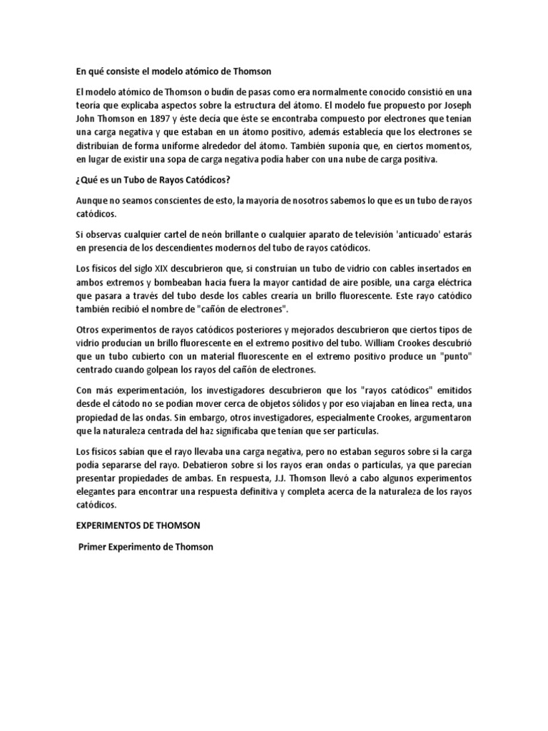 Rayos Catodicos Del Modelo Atómico De Thomsondocx