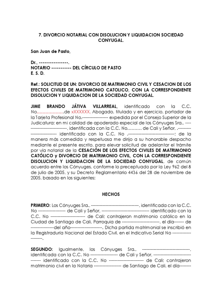 Minuta Divorcio Ante Notaria Con Liquidacion | PDF | Propiedad de la  comunidad | Divorcio