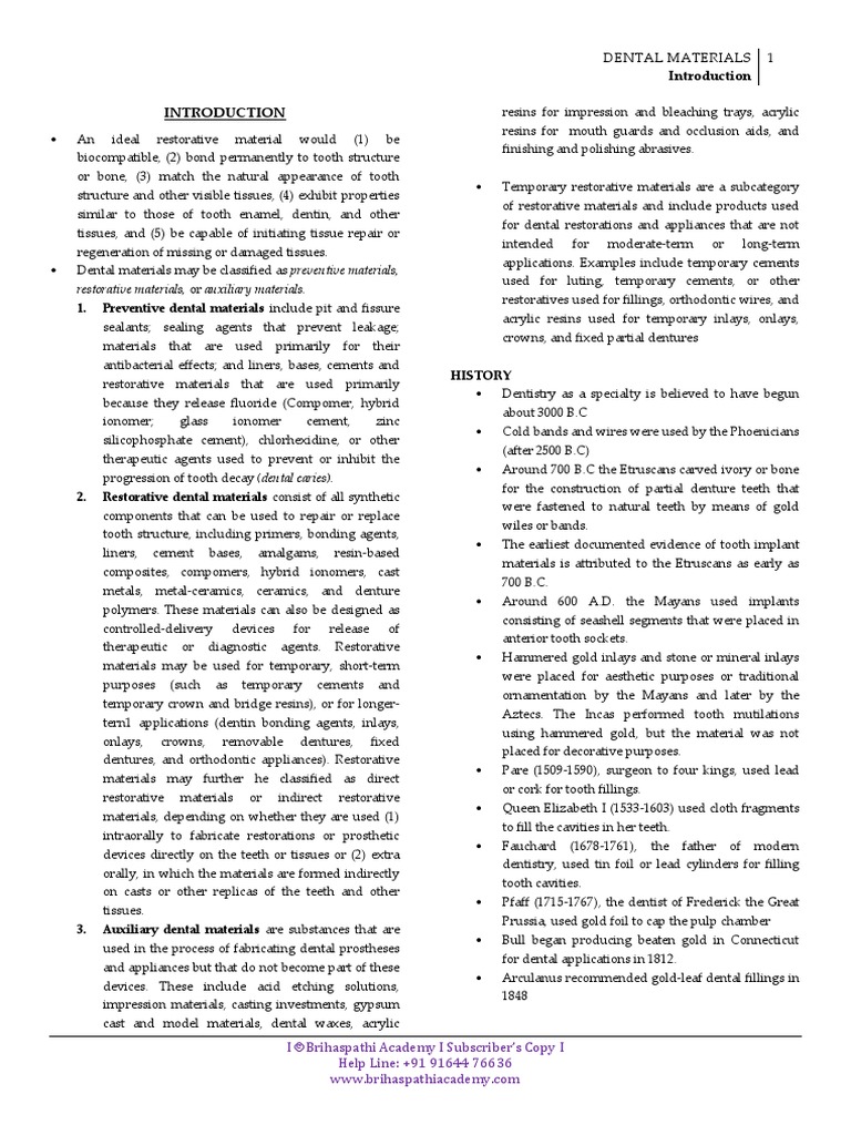 Restorative Materials, or Auxiliary Materials. 1. Preventive Dental