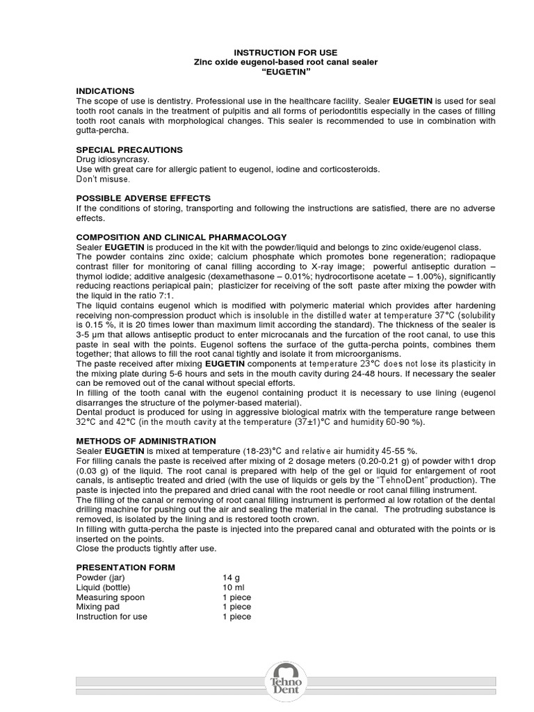Instruction For Use Zinc Oxide EugenolBased Root Canal Sealer "Eugetin