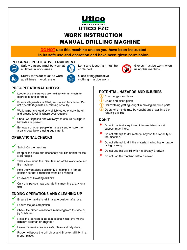 Utico FZC Work Instruction Manual Drilling Machine | PDF | Industrial ...