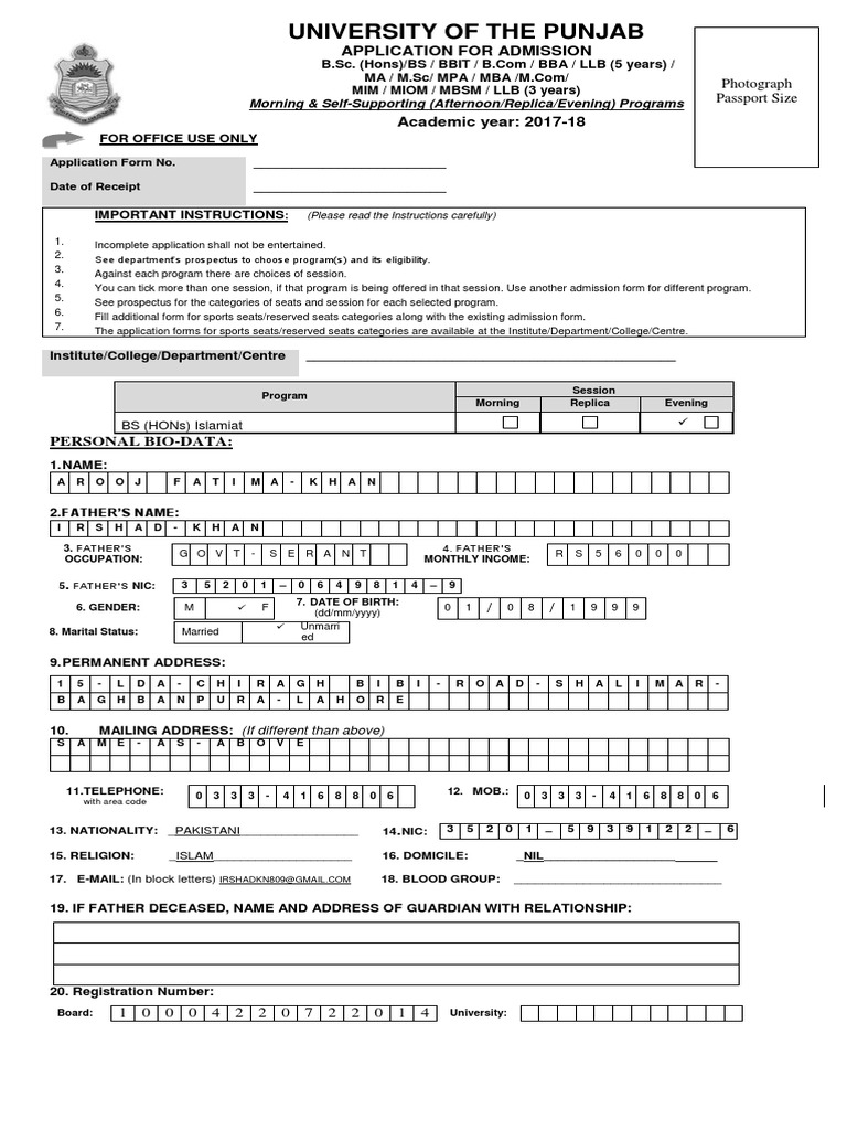 University of The Punjab: Application For Admission | PDF ...