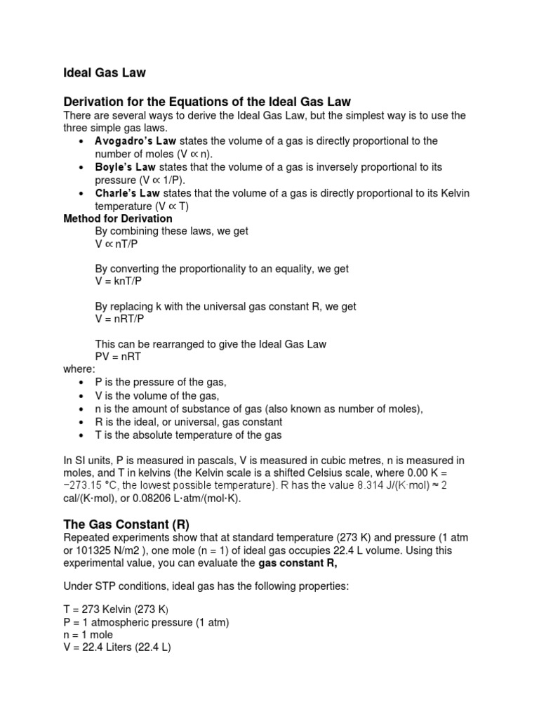 Ideal Gas Law Derivation For The Equations of The Ideal Gas Law PDF