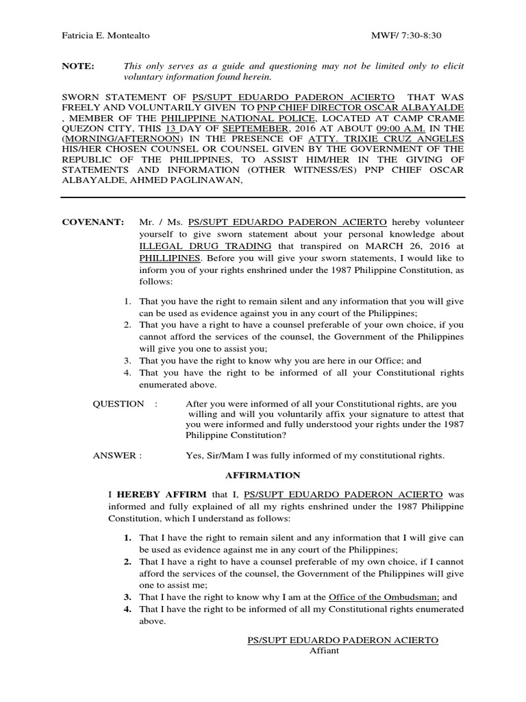 Sworn Statement on Illegal Drug Trade | PDF | Right To Silence | Affidavit