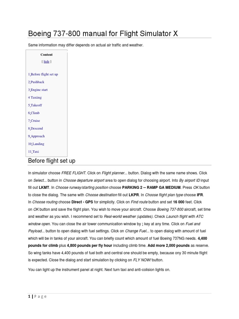 Boeing 737-800 Manual For Flight Simulator X: Before Flight Set Up