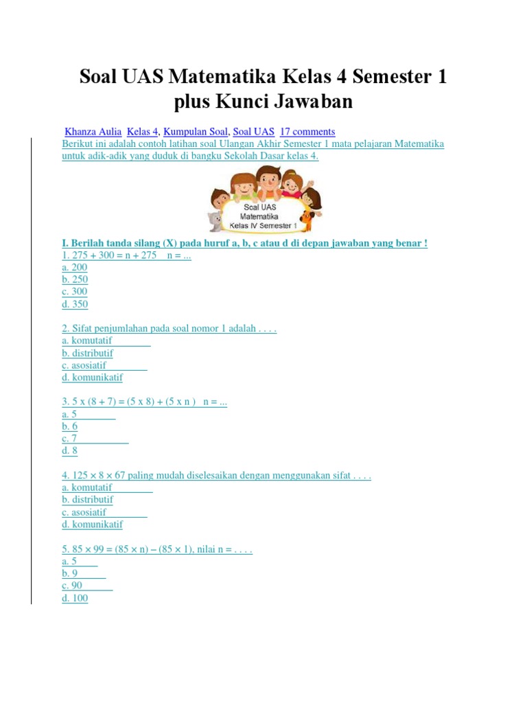 Soal UAS Matematika Kelas 4 Semester 1 Plus Kunci Jawaban | PDF ...