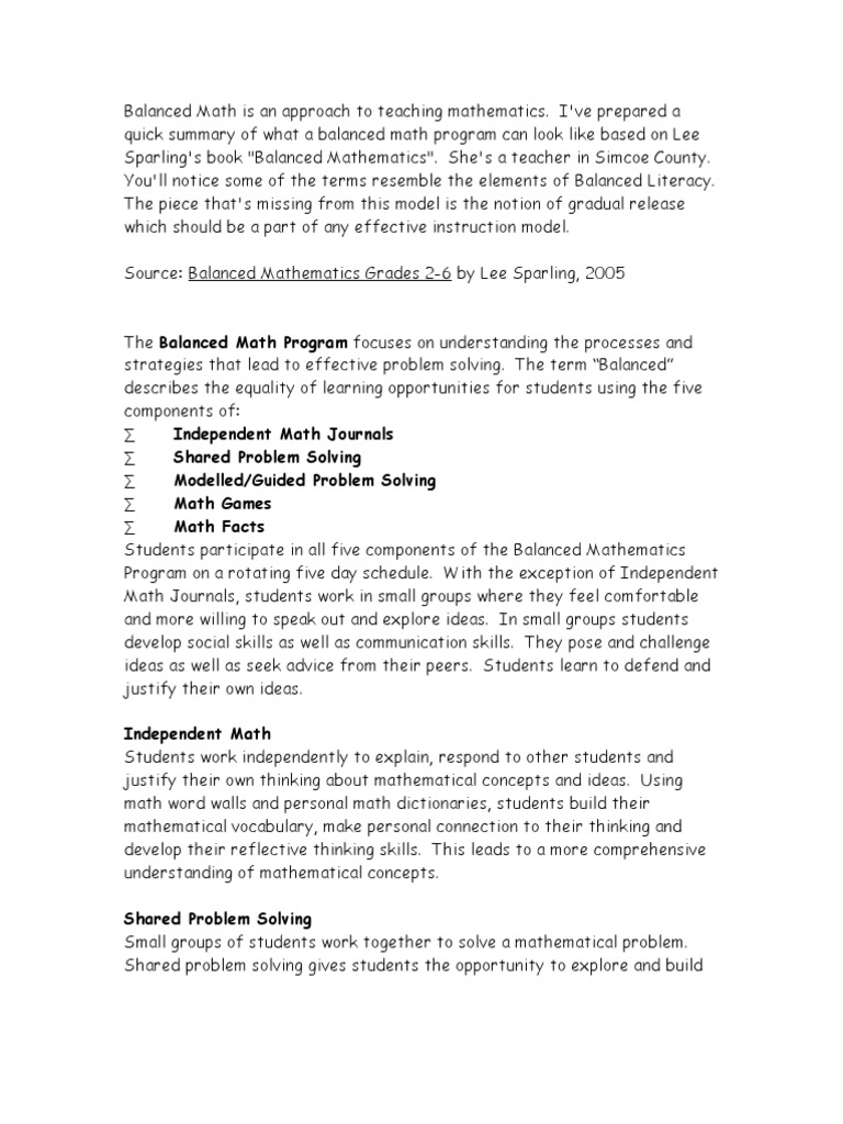 Balanced Math Is An Approach To Teaching Mathematics Pdf Teaching