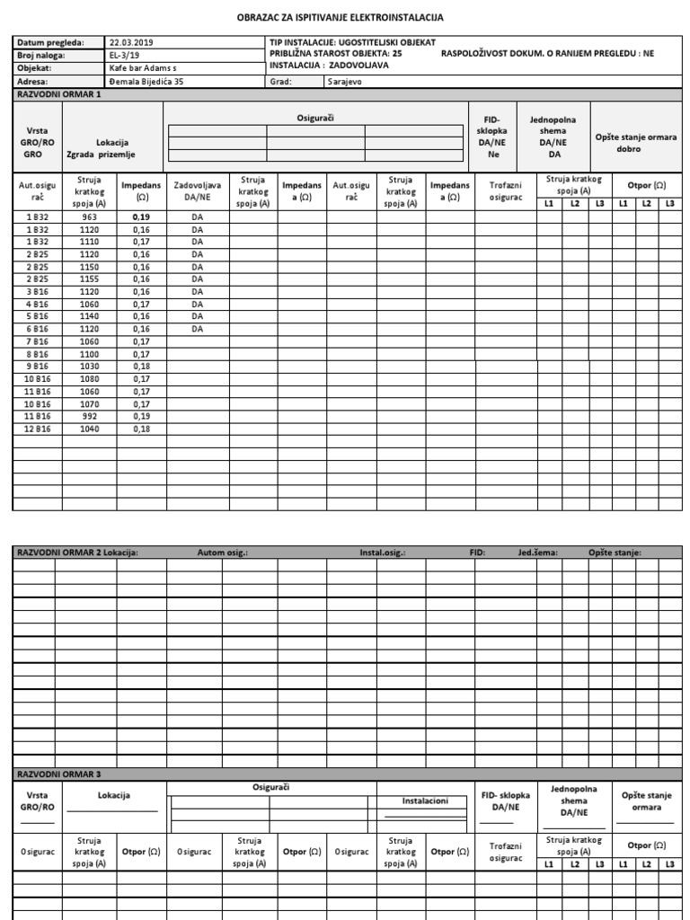 A3 Obrazac Za Ispitivanje Elektroinstalacija - 1 | PDF