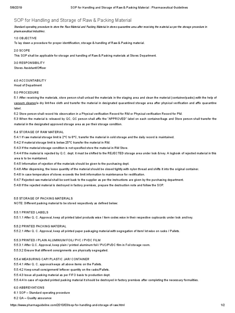 SOP For Handling and Storage of Raw & Packing Material Pharmaceutical
