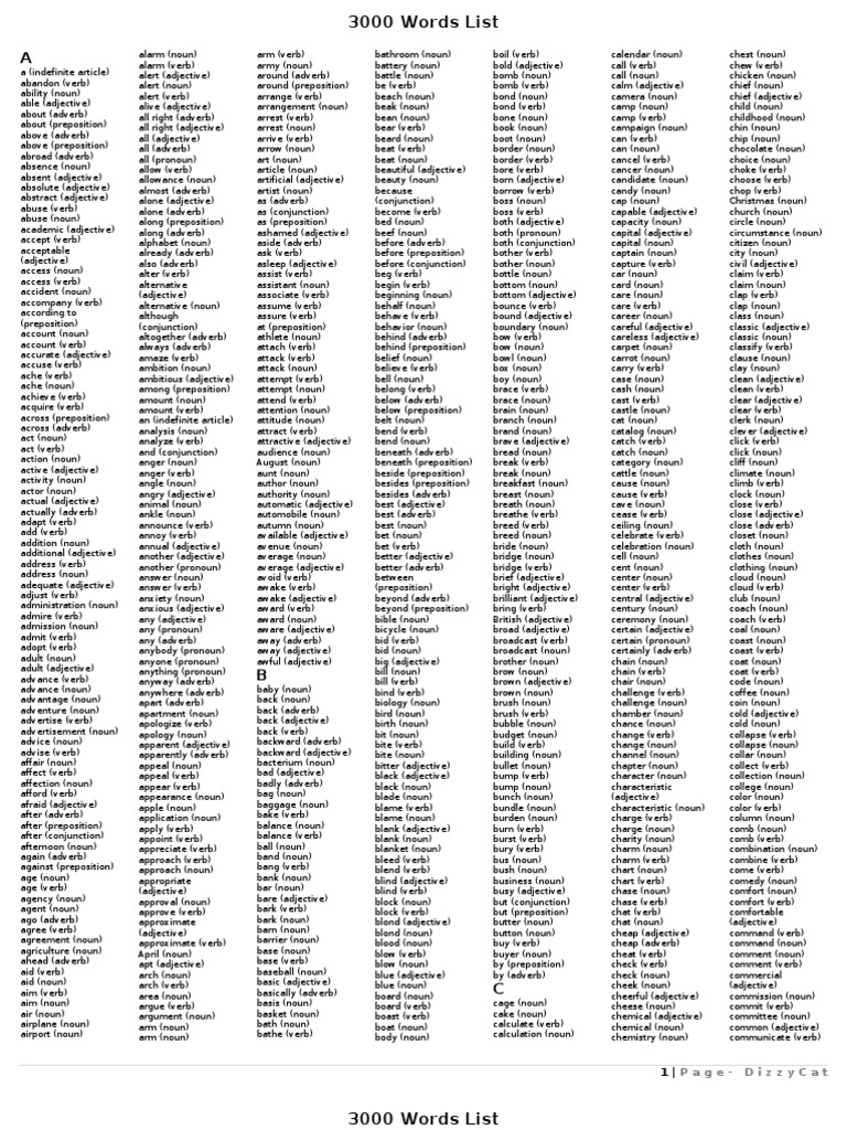 3000 Words List Verb Adjective