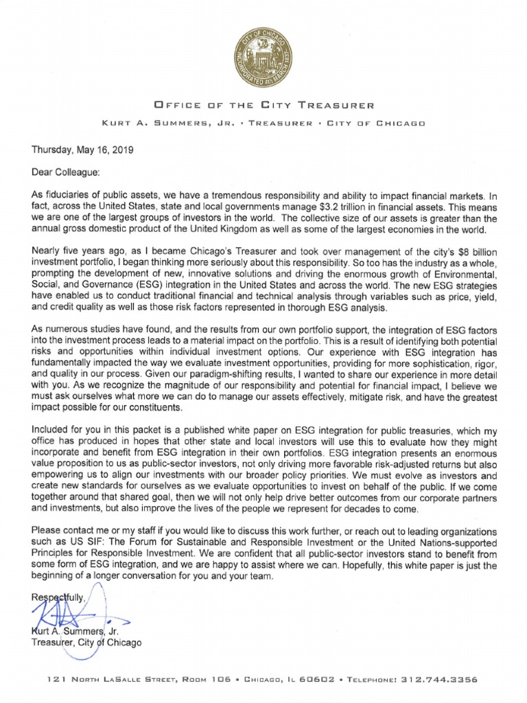Treasurer Summers ESG Letter to Public Treasurers